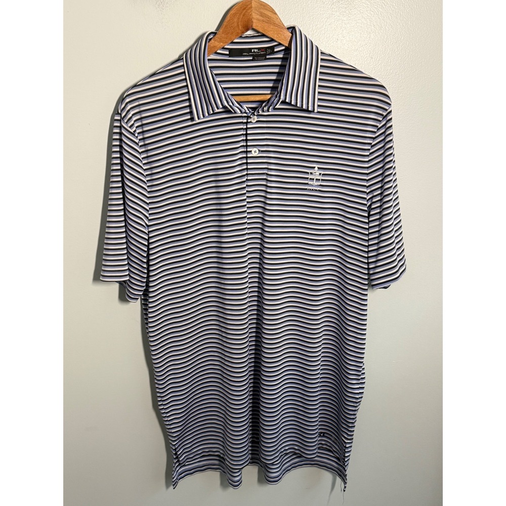 RLX Ralph Lauren Mens Blue Striped Performance Golf Polo Shirt RTCC Crest L